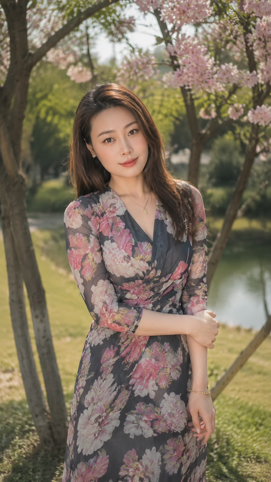 樱花湖畔碎花连衣裙人像展示