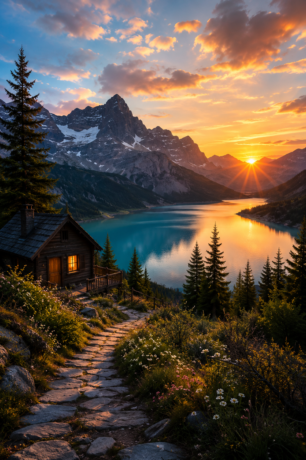 落日雪山湖畔木屋风景