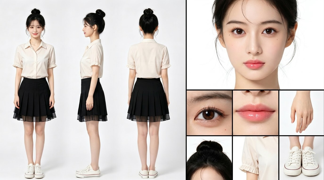 白衬衫黑色百褶裙女装多视角展示图