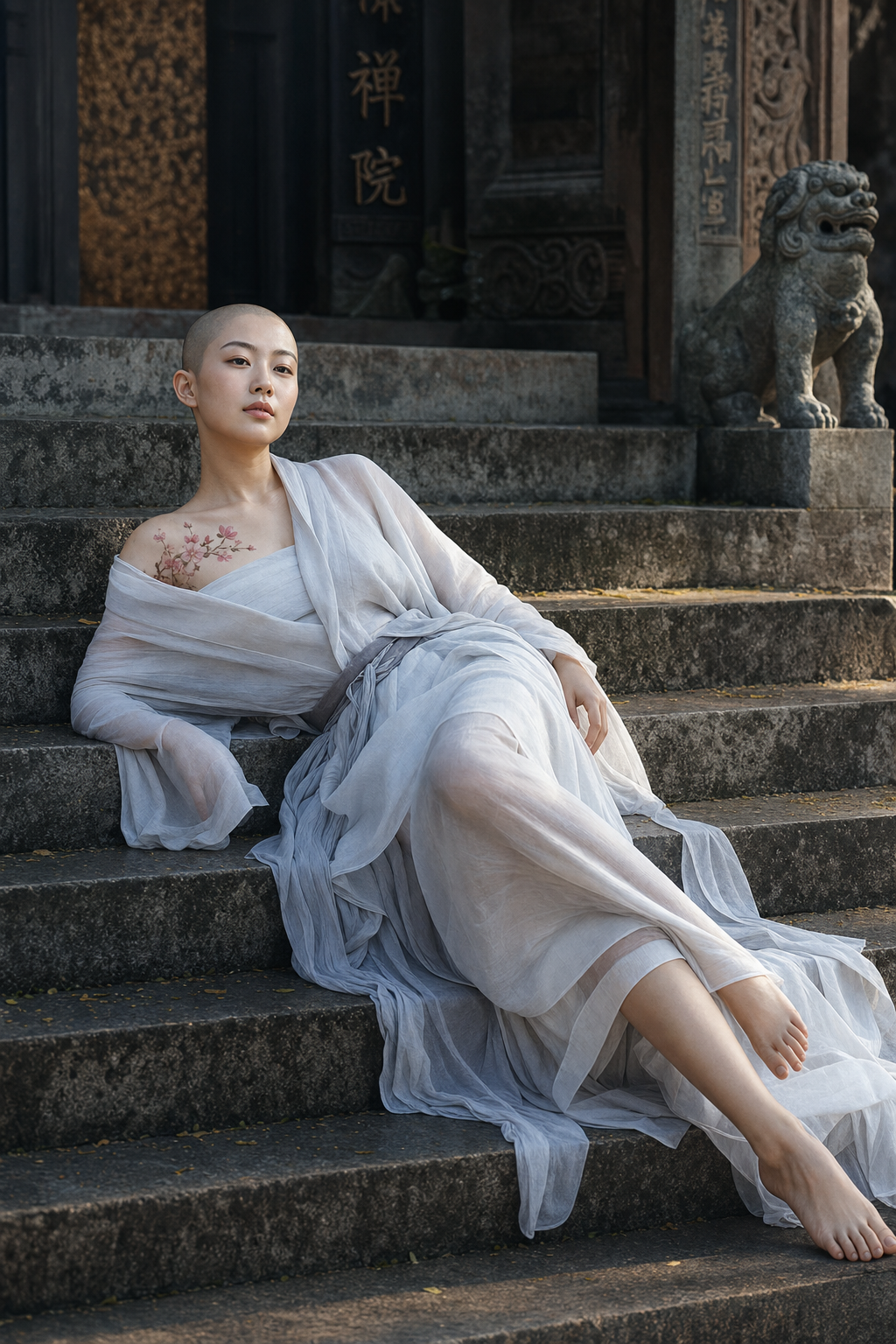 古寺石阶上的白色流纱服饰