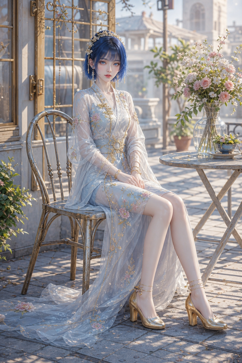 庭院花影中的浅蓝刺绣长裙