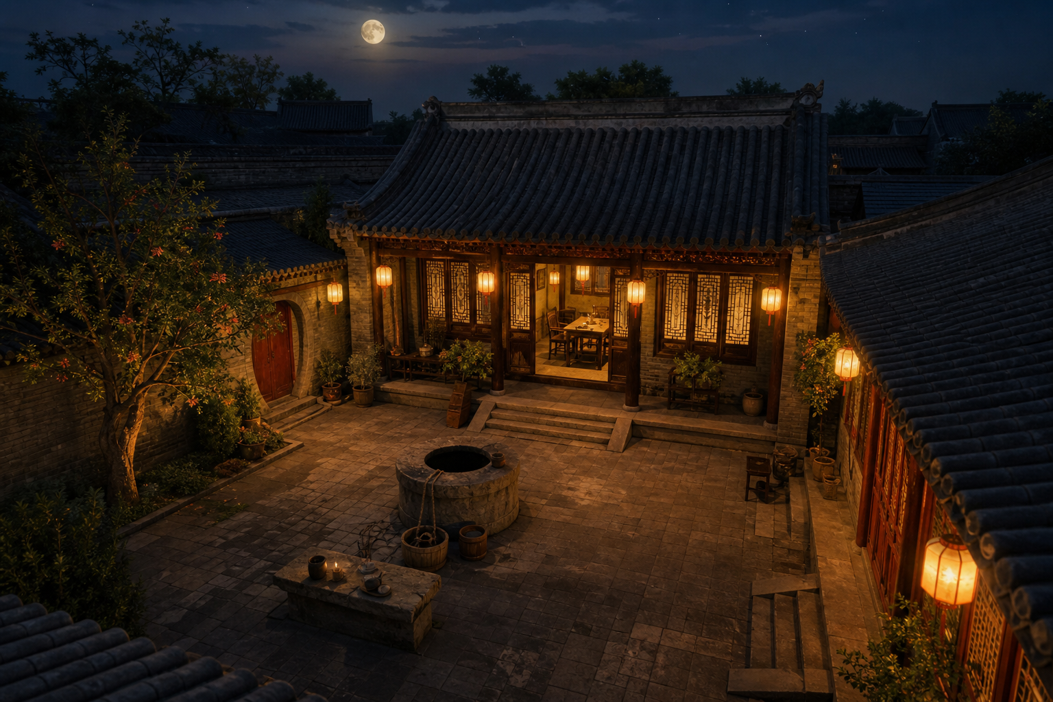 月夜灯笼映照的中式四合院