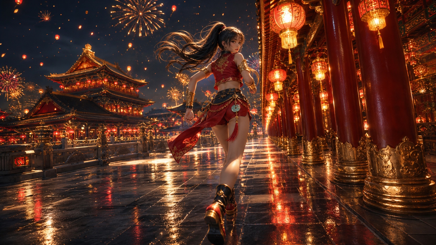 烟花灯笼夜中的国风红金战舞造型