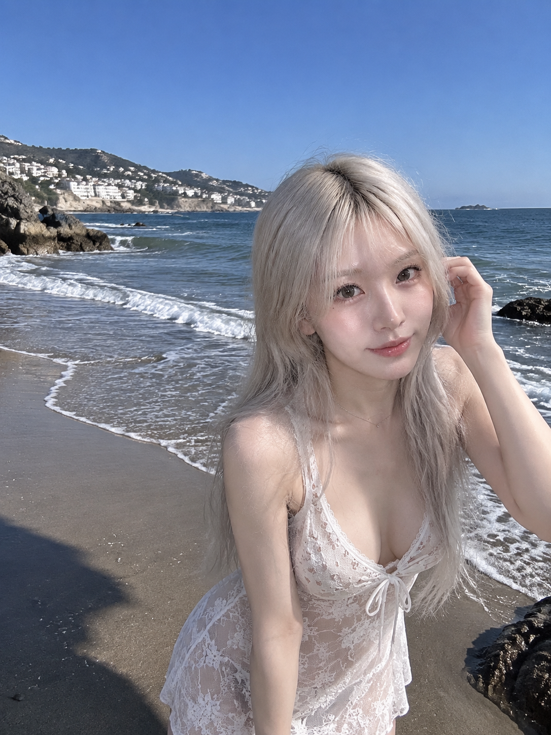 海边白色蕾丝绑带连衣裙