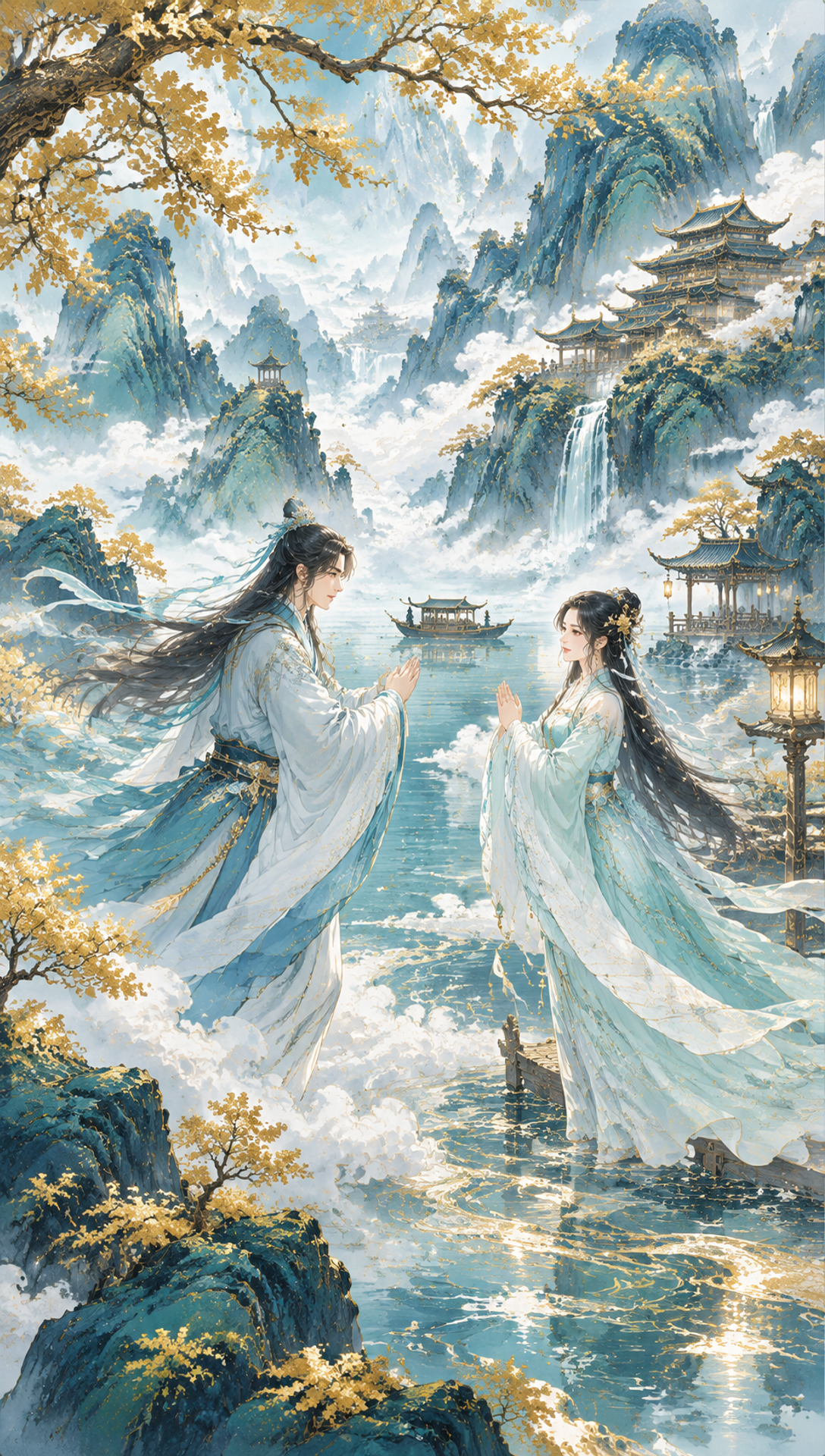 仙山湖畔汉服人物插画