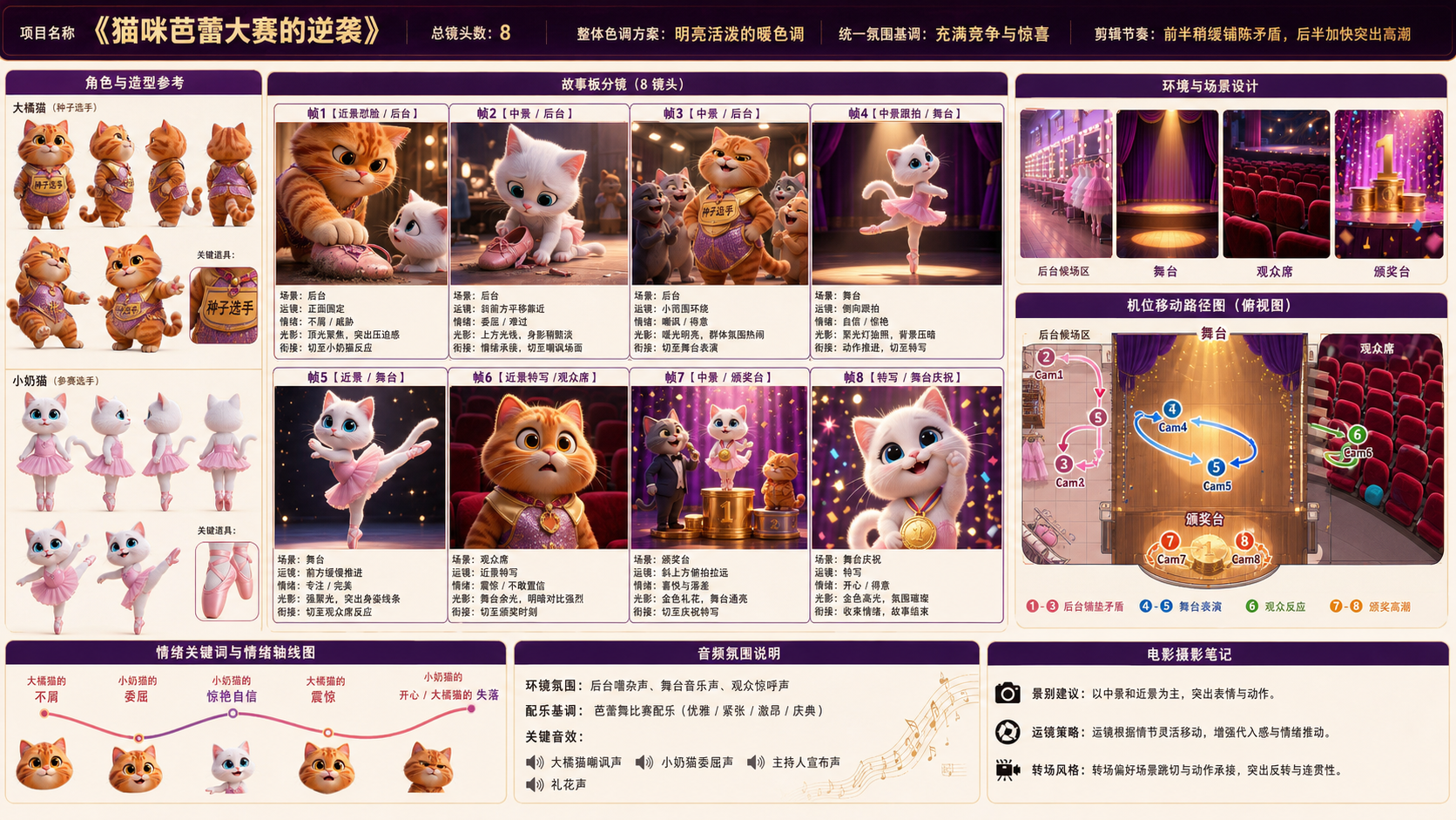 《猫咪芭蕾大赛的逆袭》产品展示分镜信息图