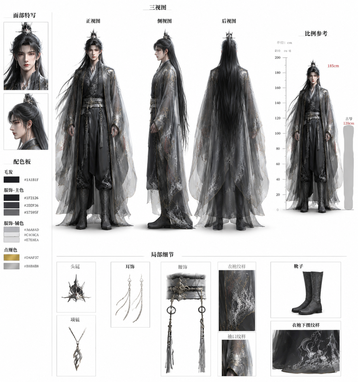 黑灰色古风长袍角色服装三视图设定板